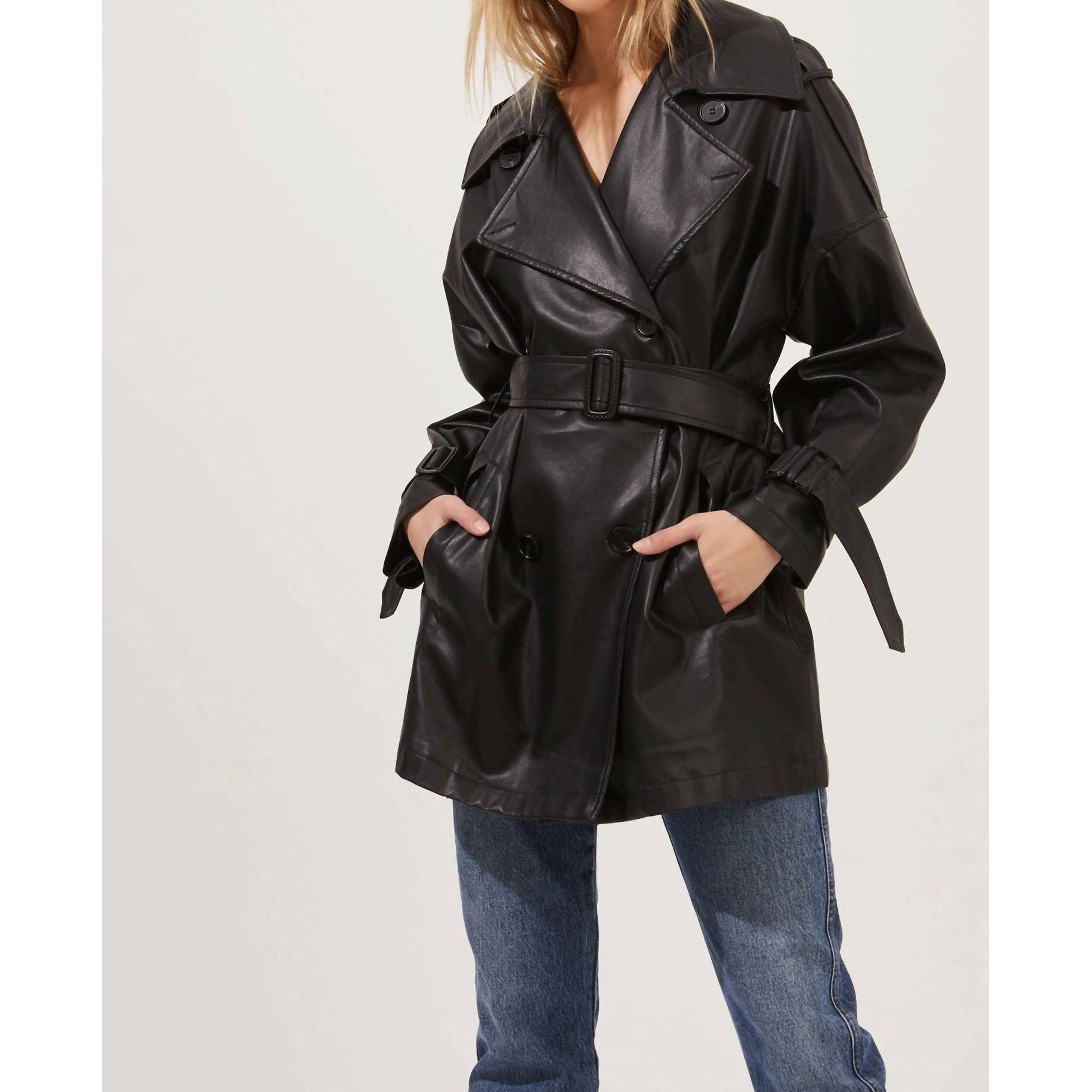 New Astr Peoria Belted Faux Leather Jacket In Black